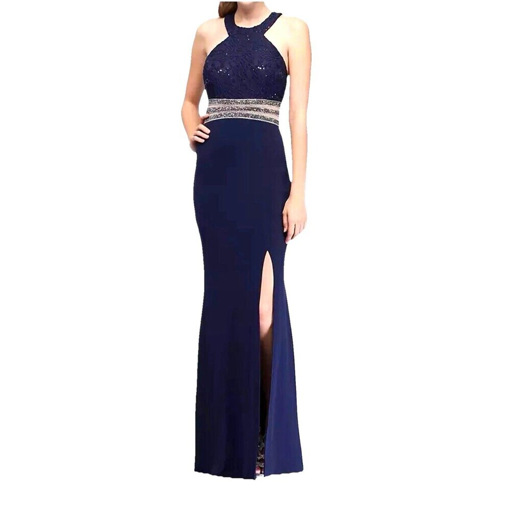 Speechless Navy Lace Halter Formal Gown Beaded Waist Slit Prom Dress 5 S
